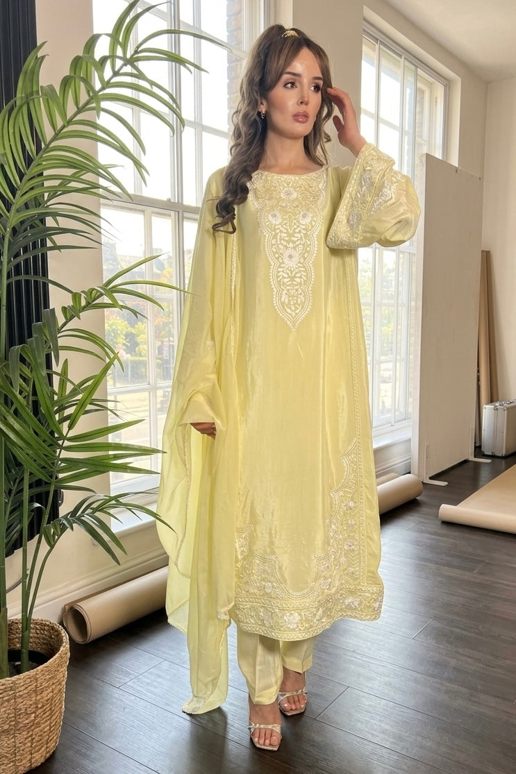 Rida Butter Yellow Raw Silk Pearl Embroidered Long Kameez 3 Piece Suit