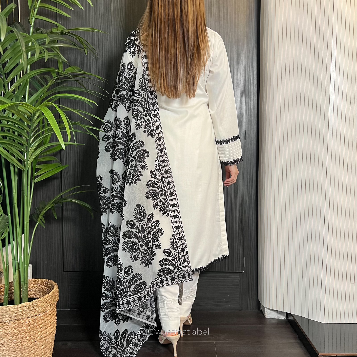 Karina White Black Lace Trim Linen Organza Dupatta Suit
