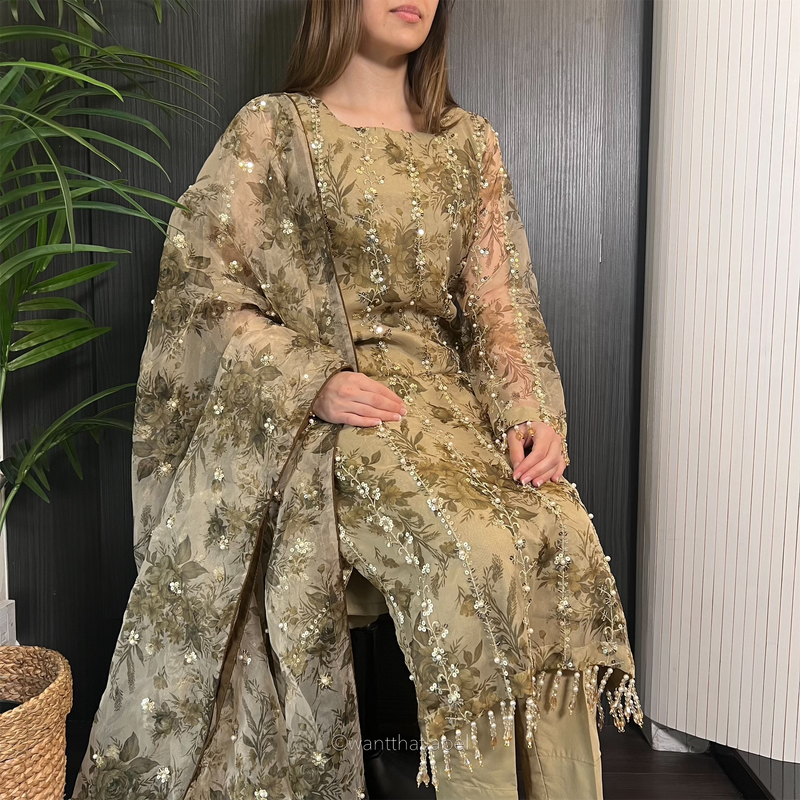 Aminah Olive Green Gold Sequin Embroidered Organza Suit
