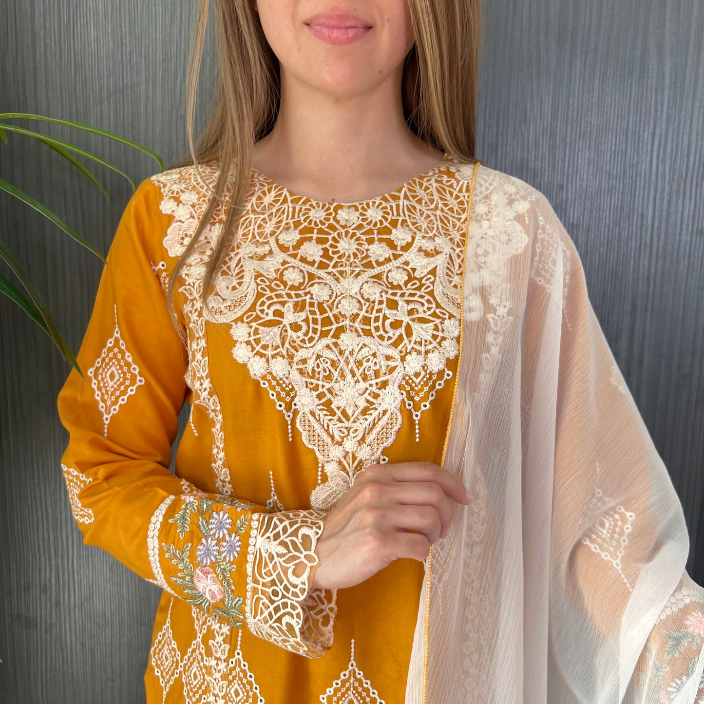 Crimson Inspired Mustard White Embroidered Chickenkari Lawn Suit