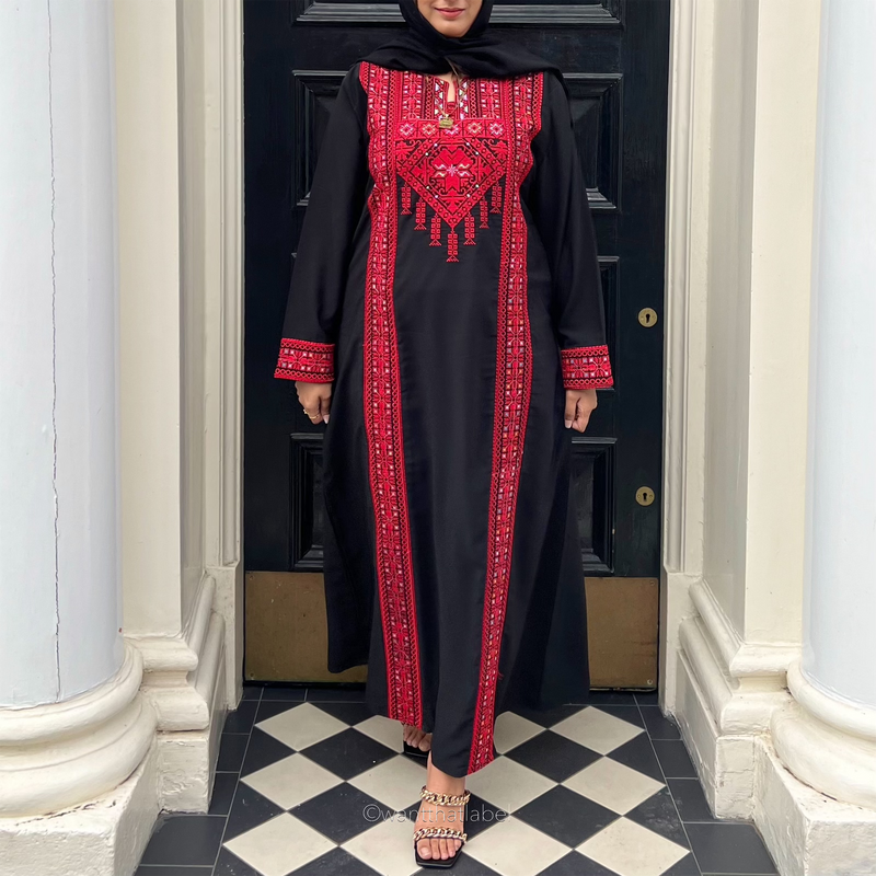 Aisha Palestinian Black Red Embroidery Maxi Abaya Thobe
