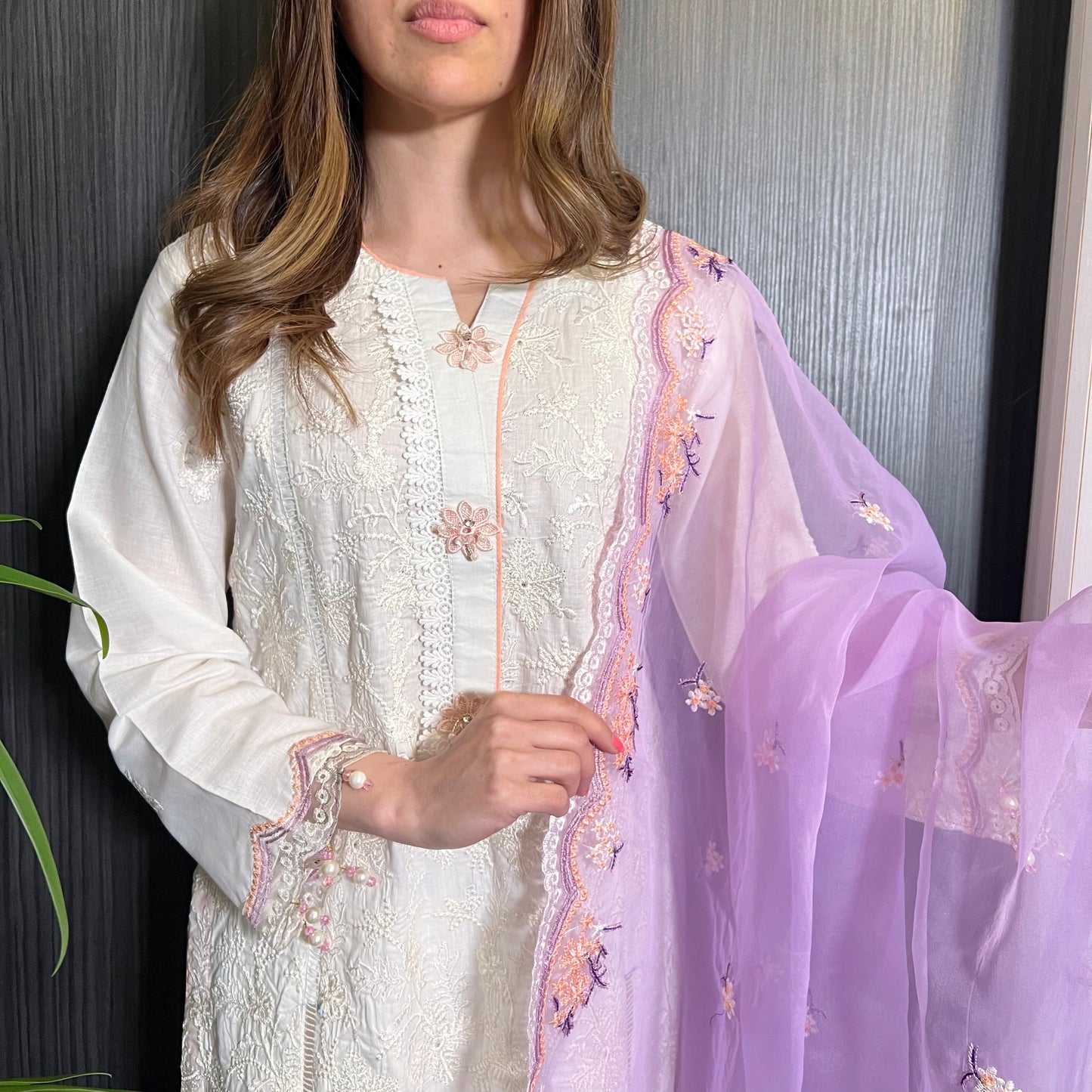 Ivory Lilac Embroidered Chickankari Suit