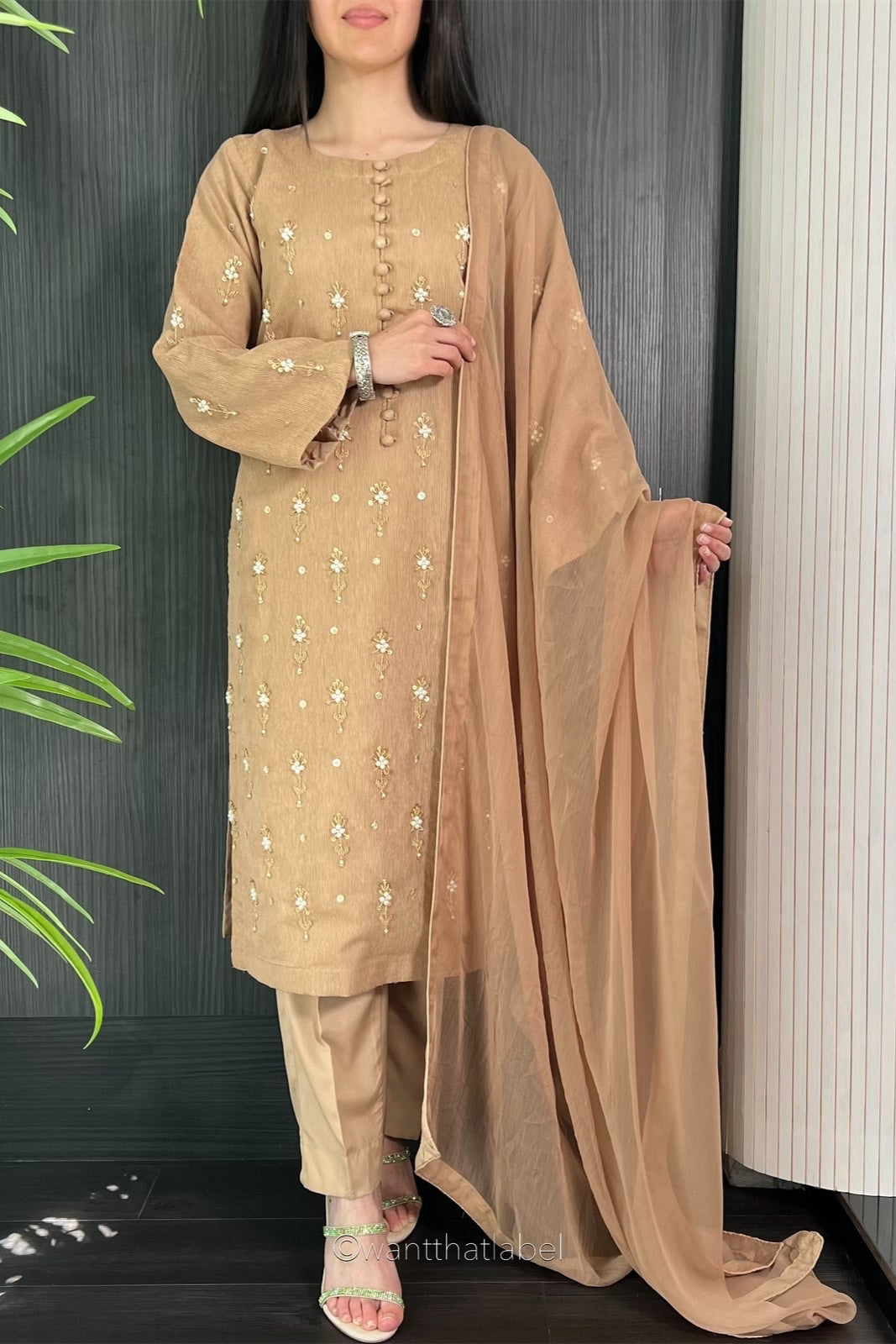Simi Brown Bead Embellished Khadi Net Suit
