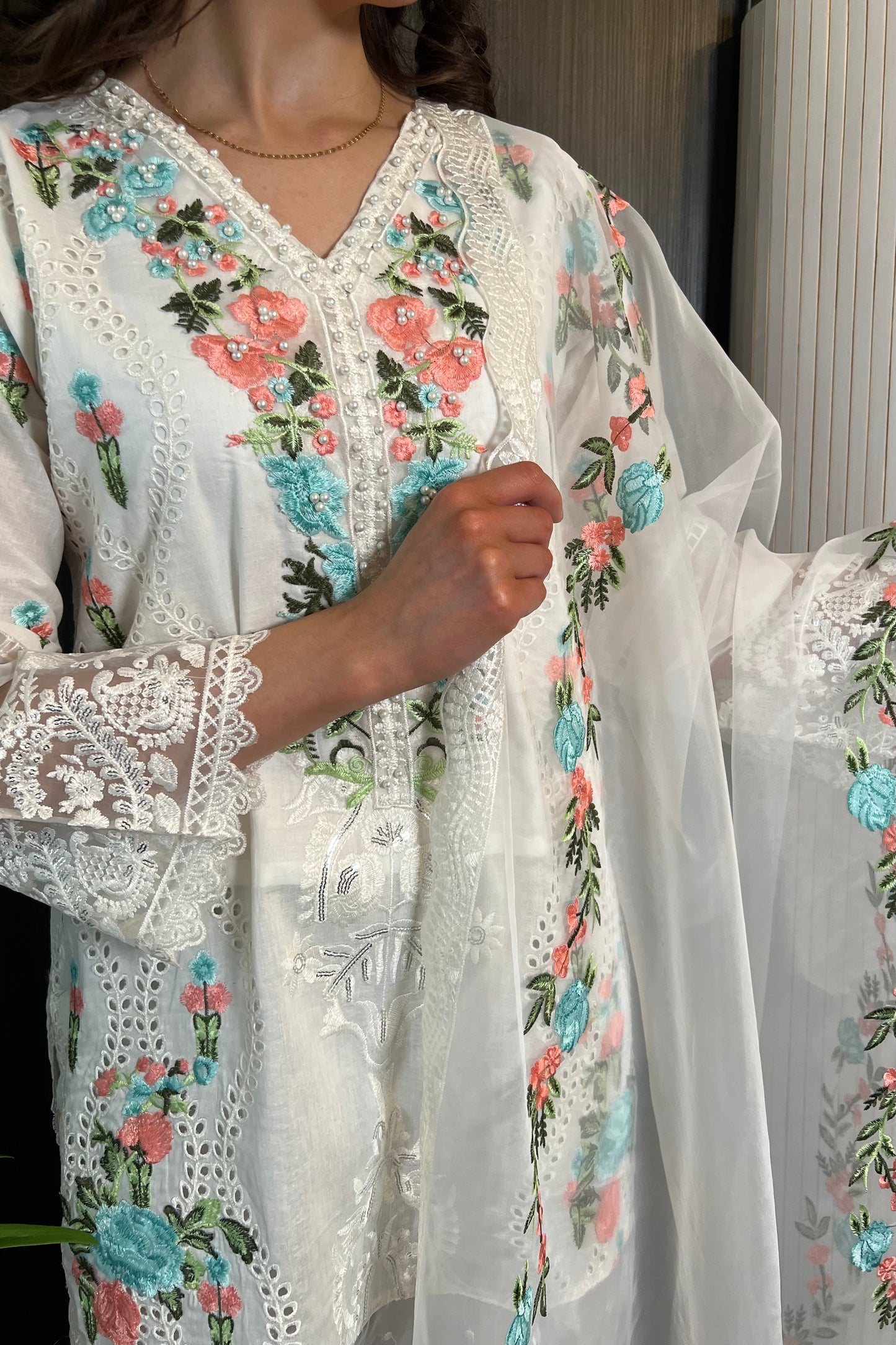 Fiza Ivory Cotton Chickenkari Pearl Embroidered 3 Piece Suit