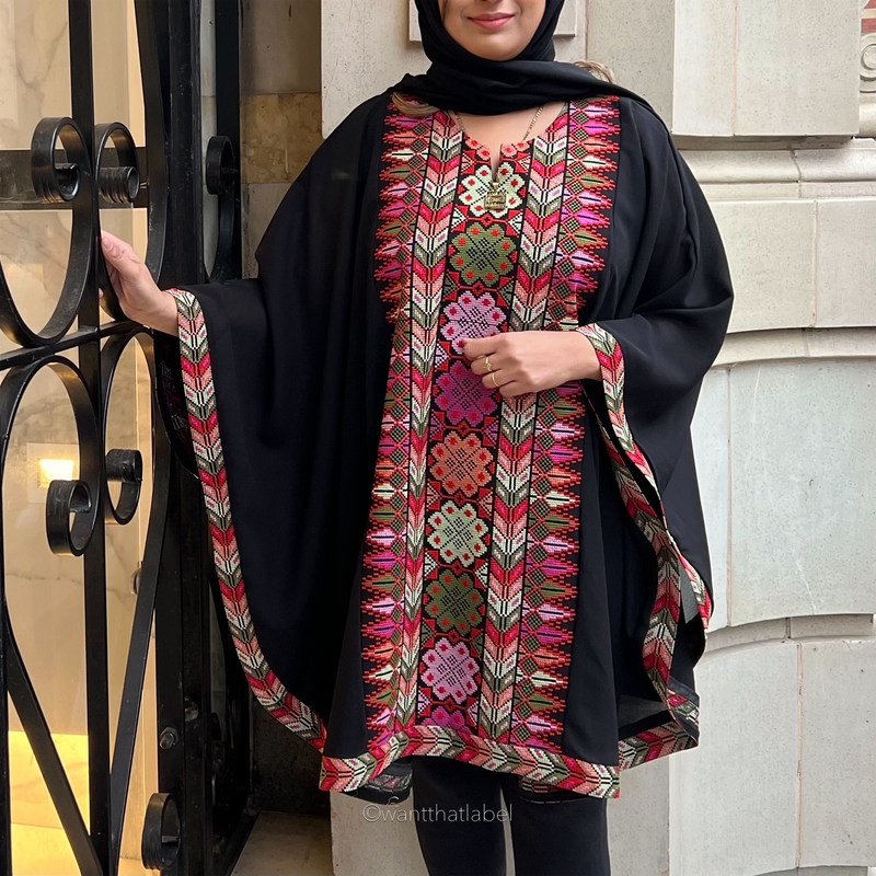 Liyana Palestinian Black Multi Embroidery Chiffon Cape Kaftan