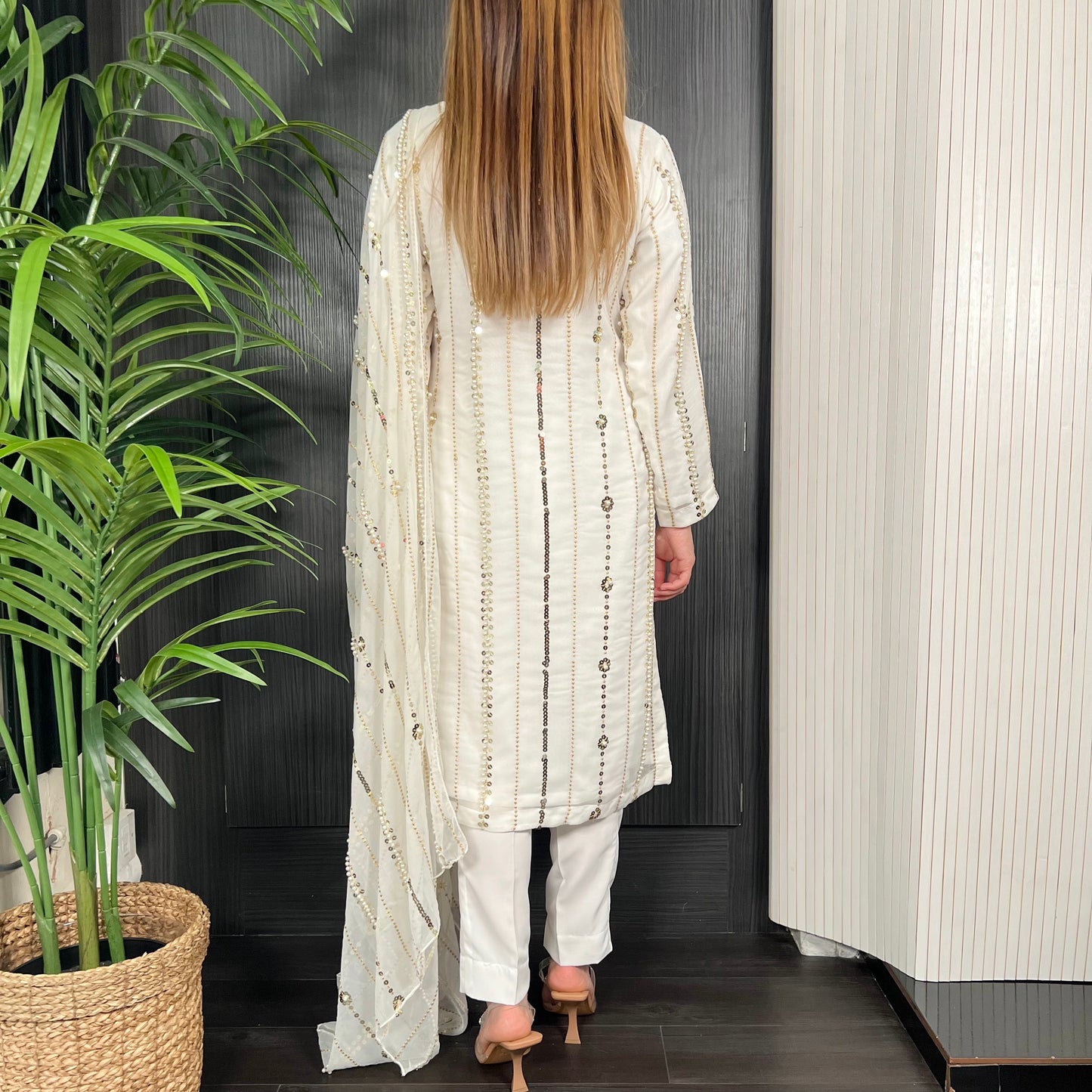 Ivory Gold Sequin Pearl Embroidered Chiffon Suit