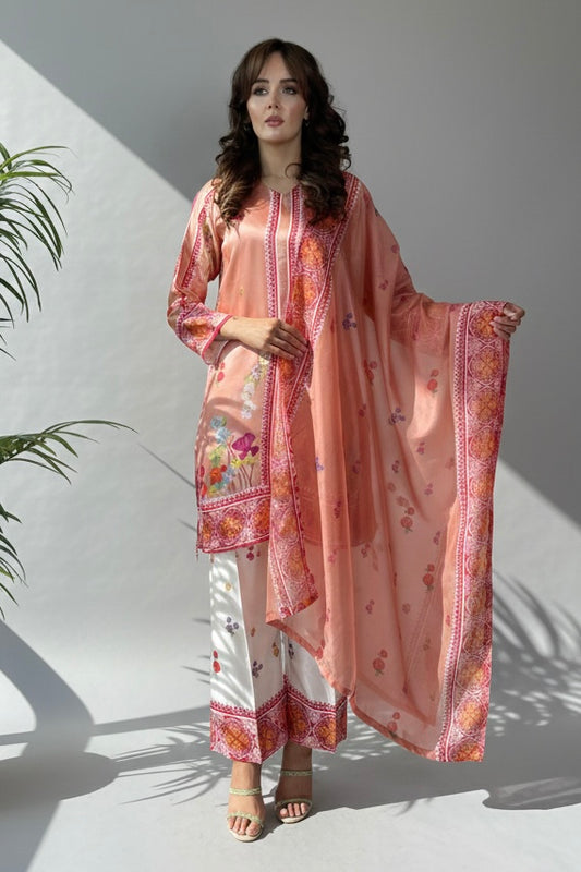 Kiara Pink White Floral Printed Satin Silk 3 Piece Suit