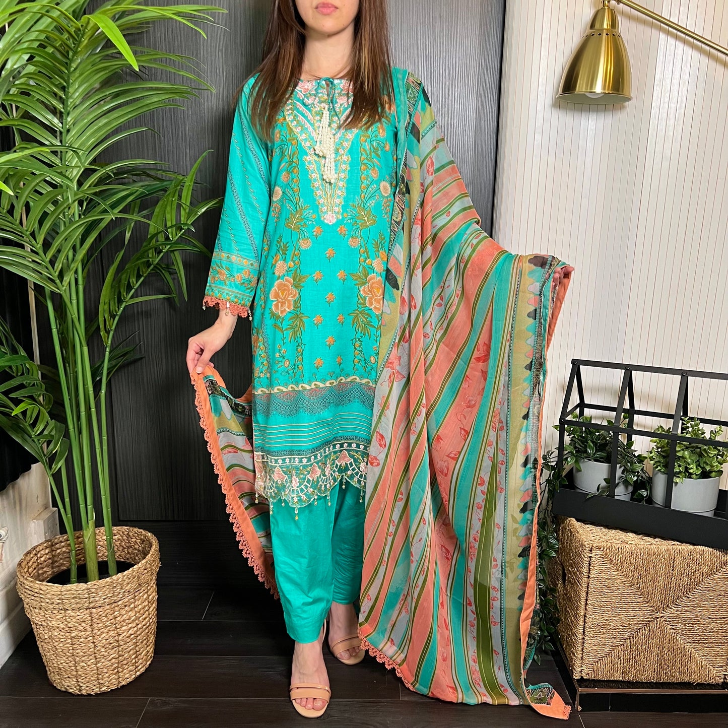 Sobia Nazir Inspired Sea Green Peach Print Lawn Suit