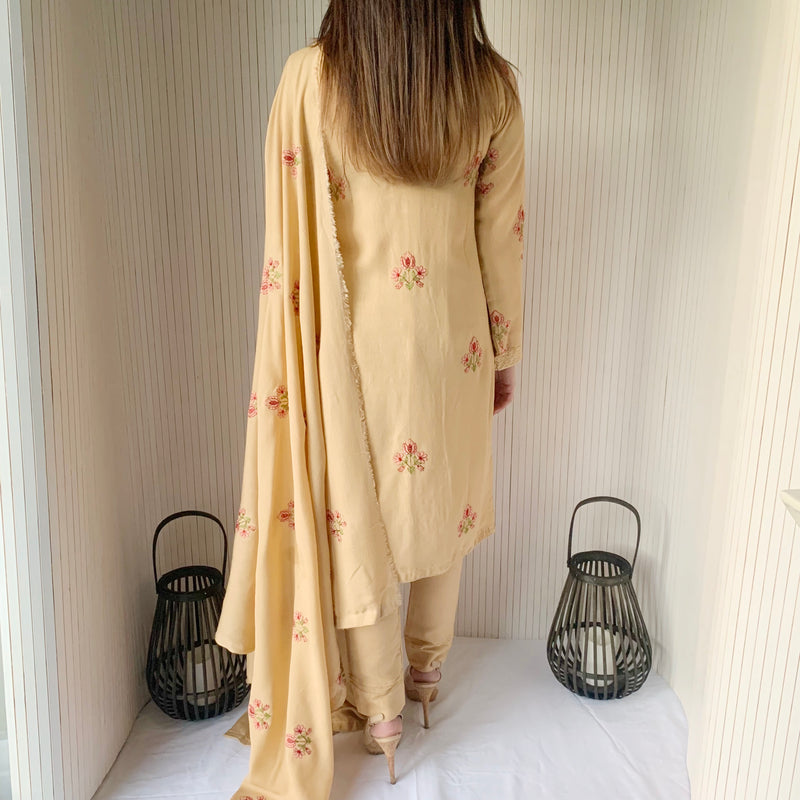 Bareeze Beige Heavily Embroidered Shawl Suit