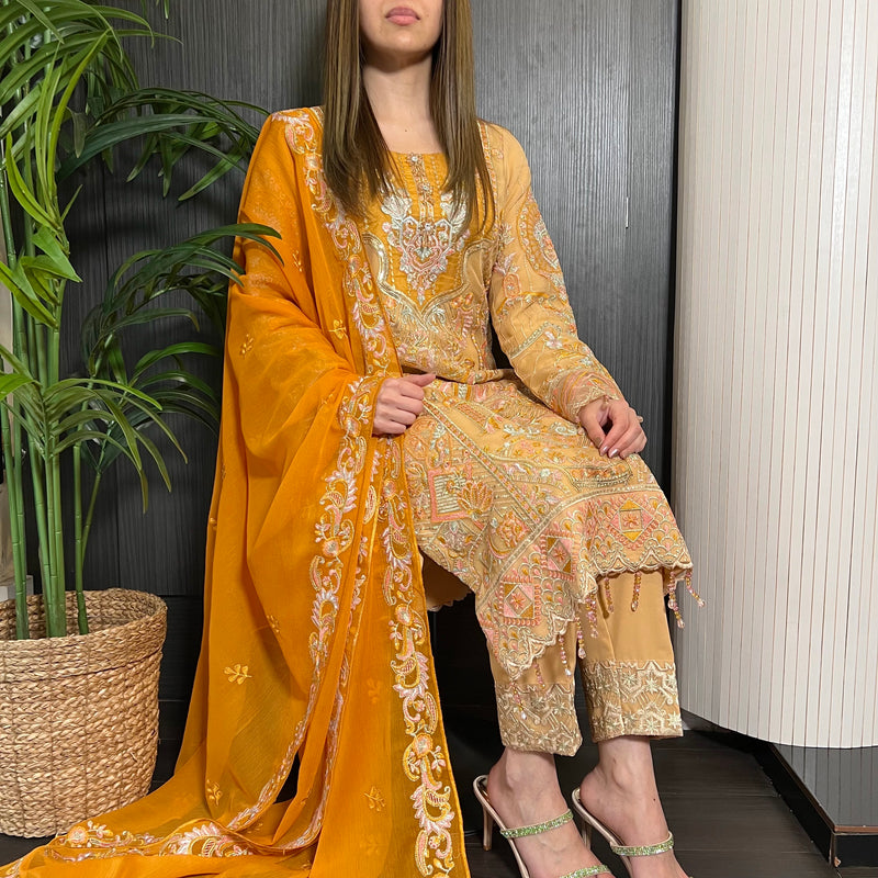 Gold Orange Heavily Embroidered Chiffon Suit