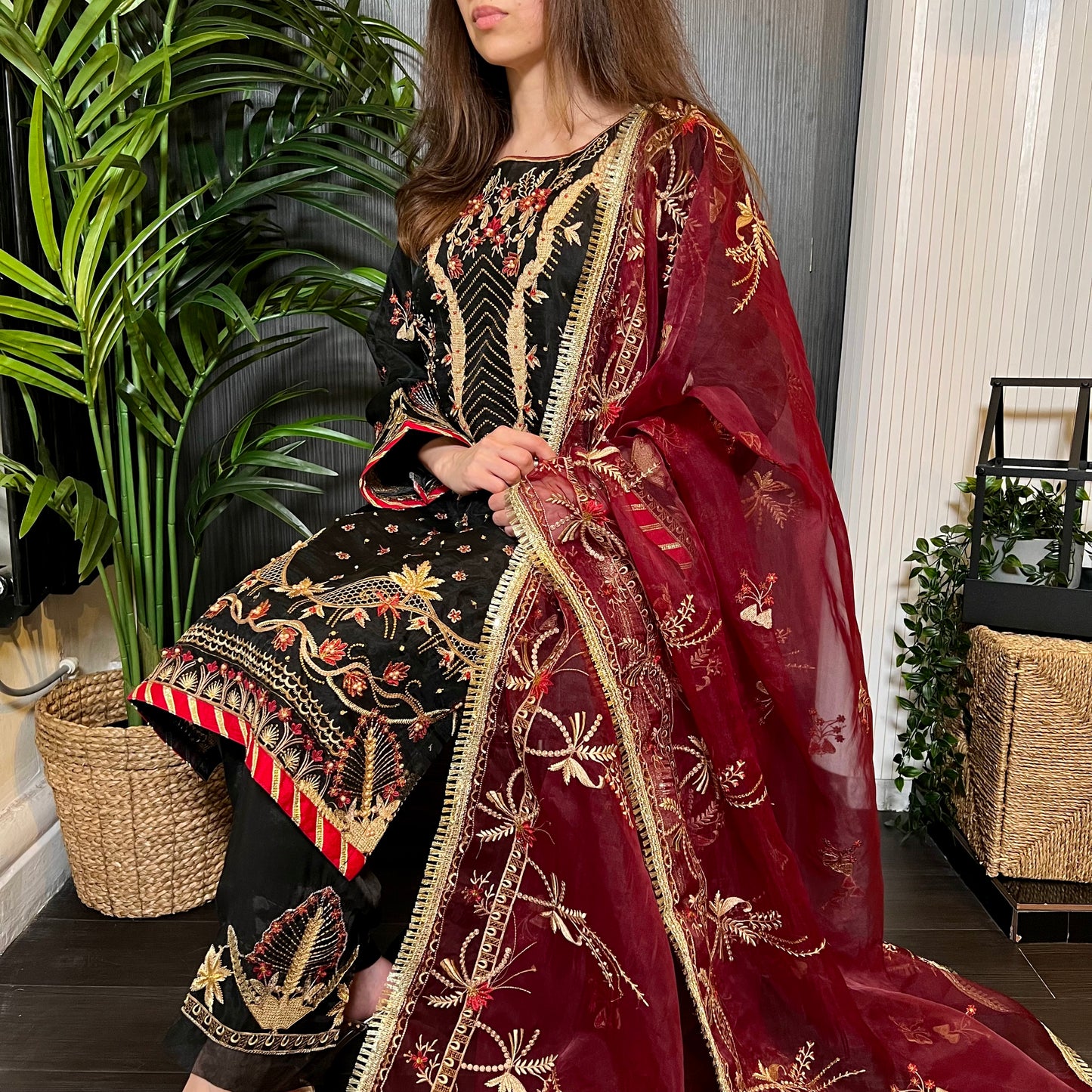 Areej Original Black Burgundy Heavily Embroidered Suit