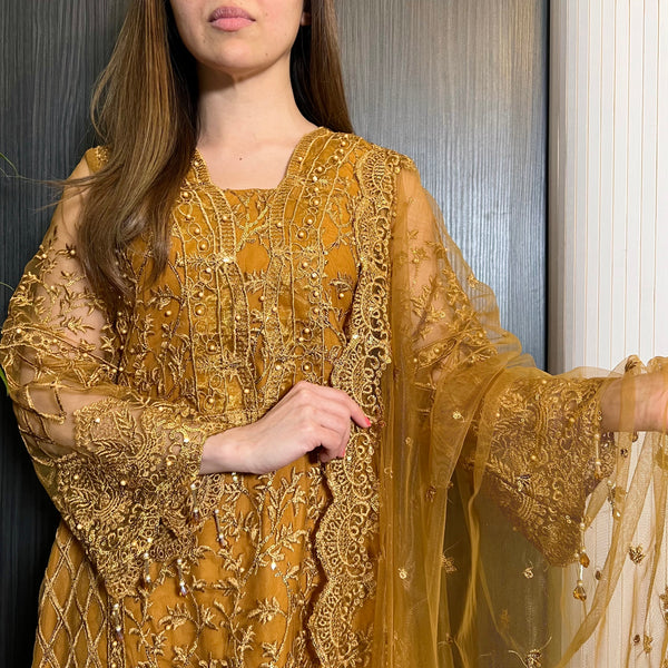 Mustard Heavily Embroidered Net A-Line Suit