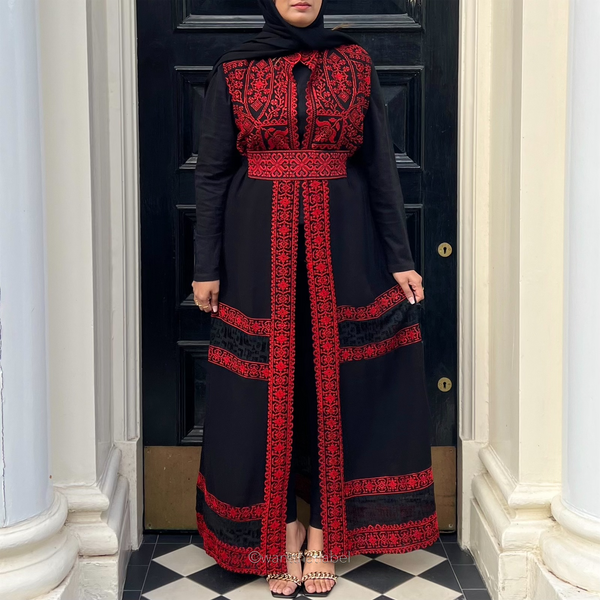 Aliya Palestinian Black Red Embroidery Lace Chiffon Maxi Thobe