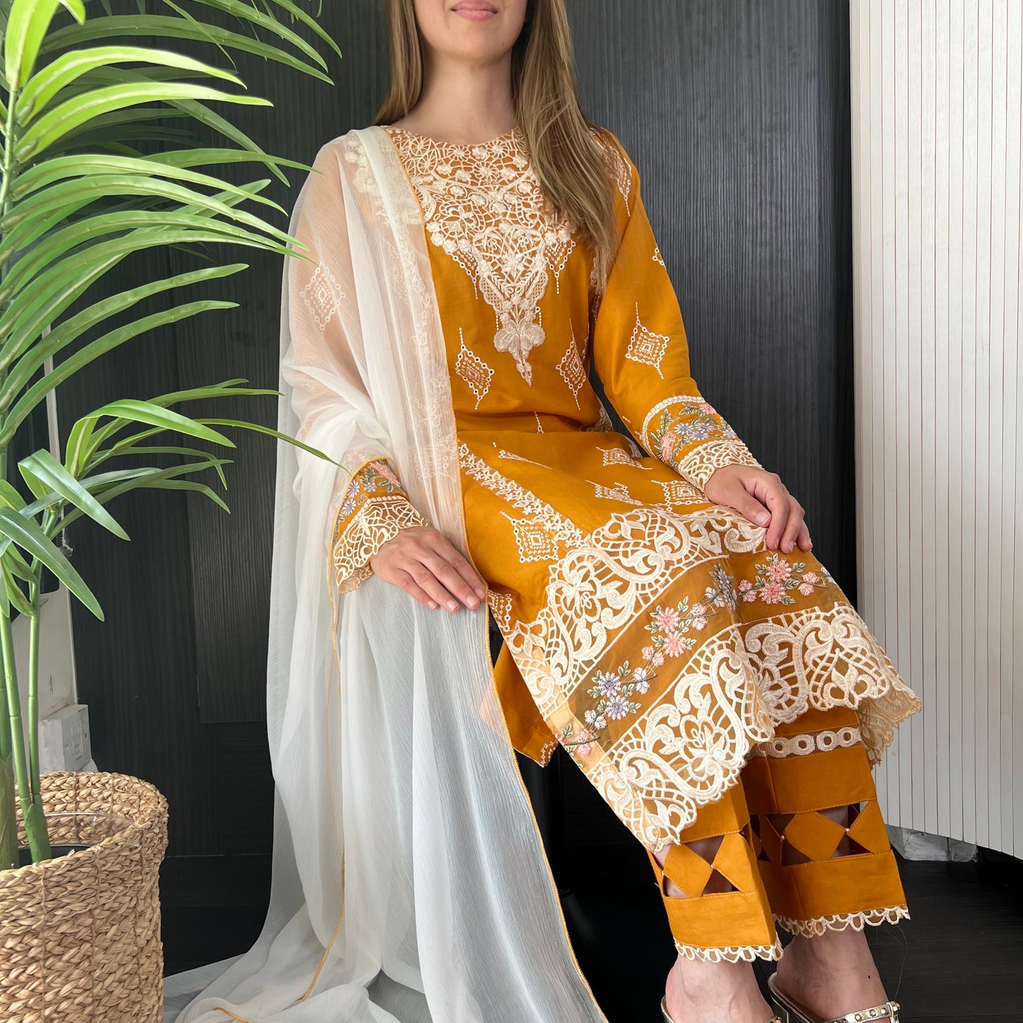 Crimson Inspired Mustard White Embroidered Chickenkari Lawn Suit