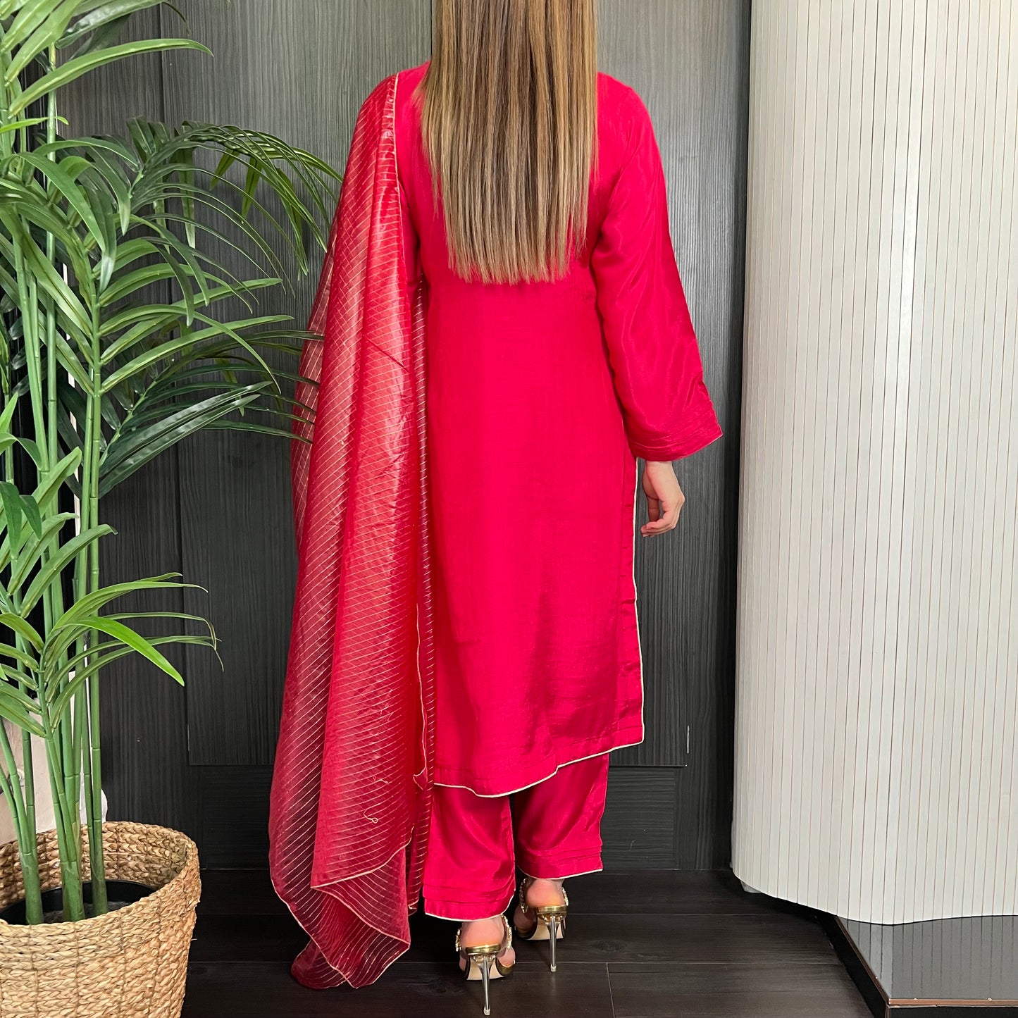 Crimson Pink Hand Embroidered Cotton Silk Suit