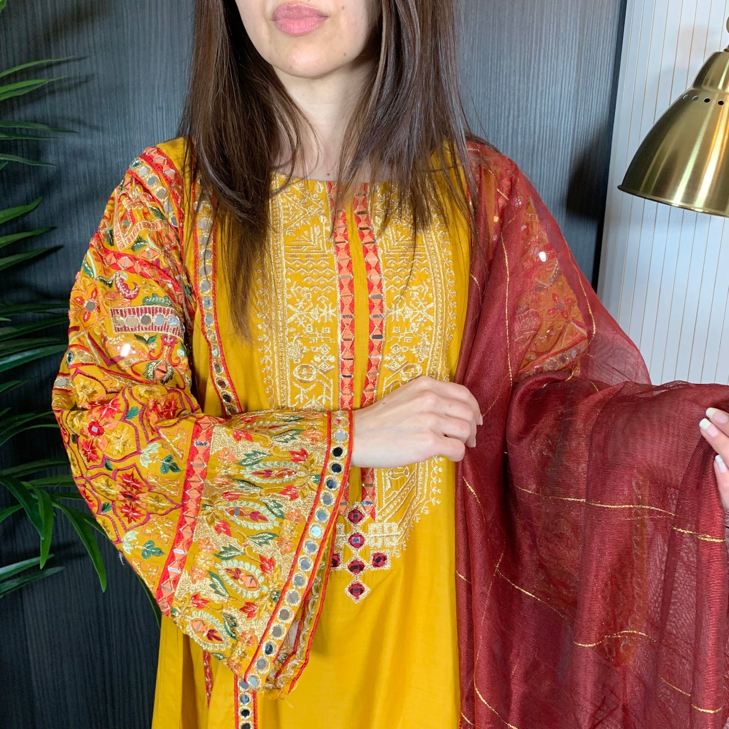 Karma Original Yellow Heavily Mirror Embroidered A-Line Dress Suit