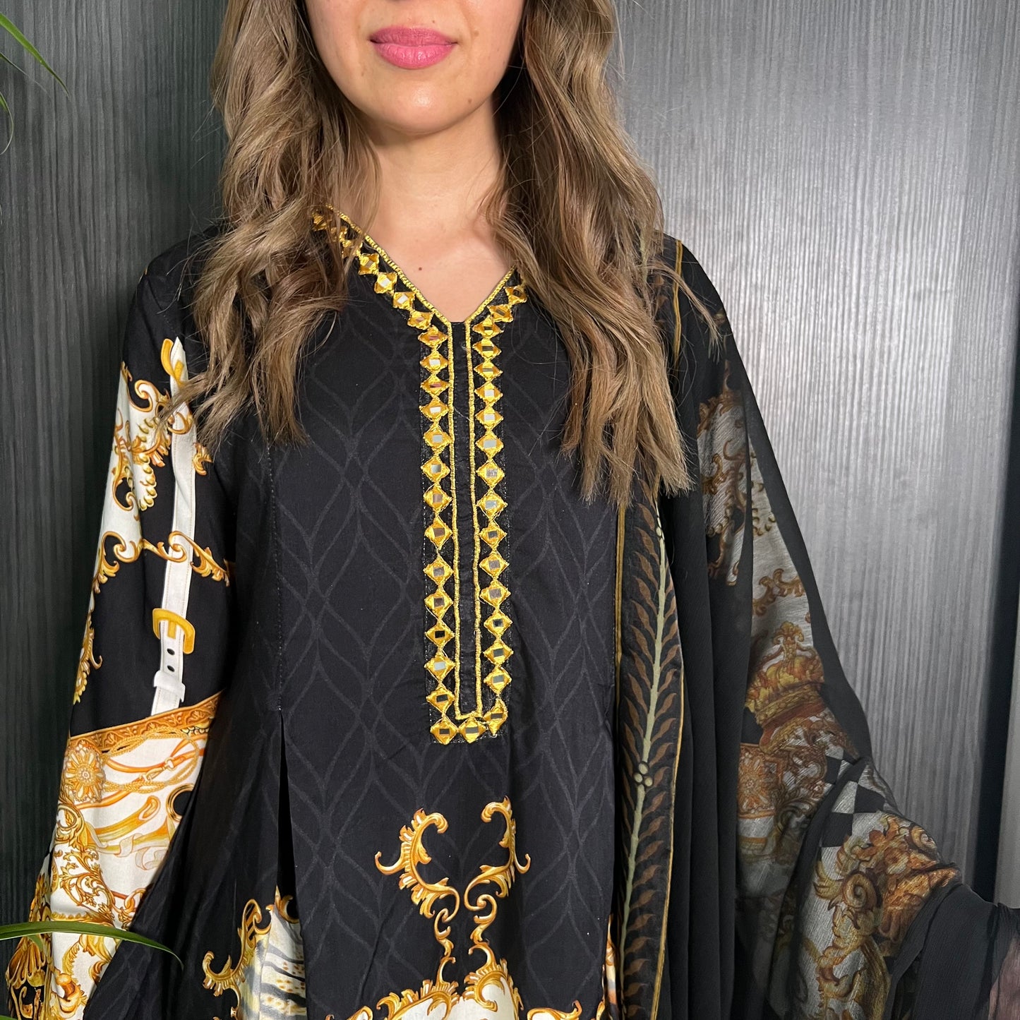 Black Baroque Print Mirror Peplum Frock Suit