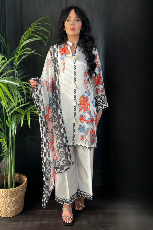 Veena Floral Printed White Satin Silk 3 Piece Suit
