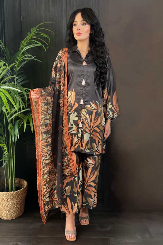 Jasmine Black Leaf Printed Satin Silk 3 Piece Suit