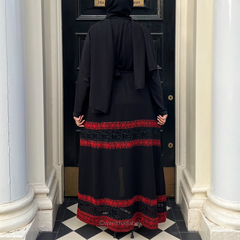 Aliya Palestinian Black Red Embroidery Lace Chiffon Maxi Thobe