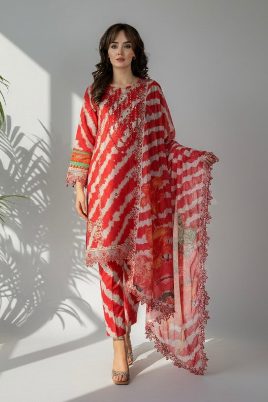 Hava Red Stripe Printed Cotton Embroidered 3 Piece Suit