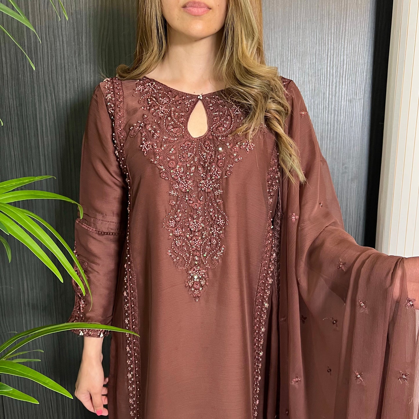 Brown Hand Embroidered Chiffon Suit