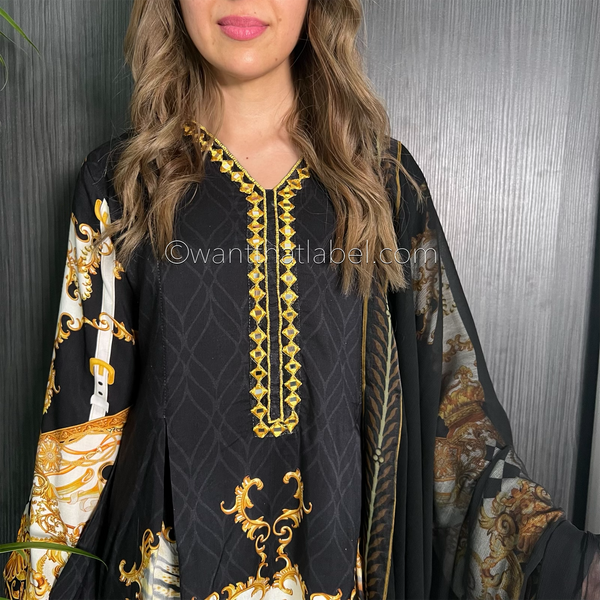 Black Baroque Print Mirror Peplum Frock Suit