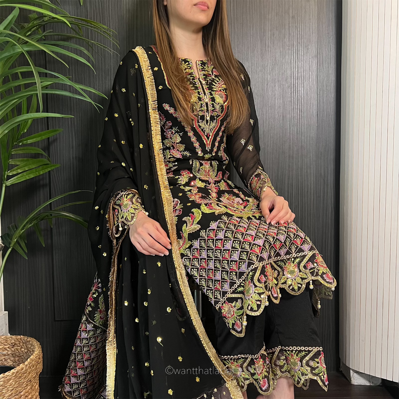 Sierra Black Multi Gold Sequin Embroidered Chiffon Suit