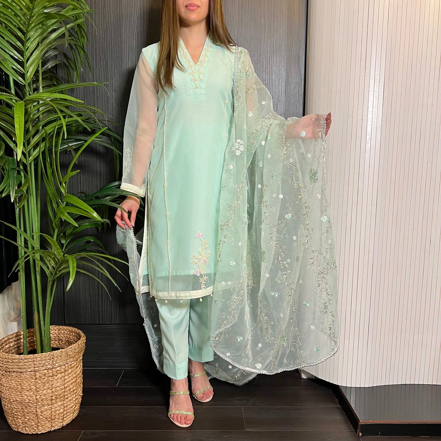 Blue White Pearl Embroidered Organza Suit
