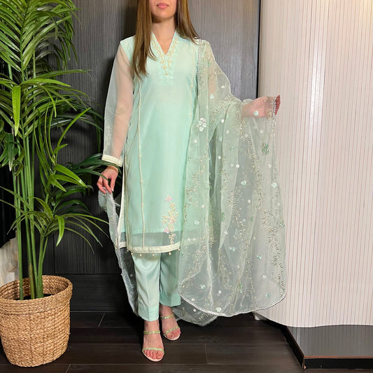 Blue White Pearl Embroidered Organza Suit
