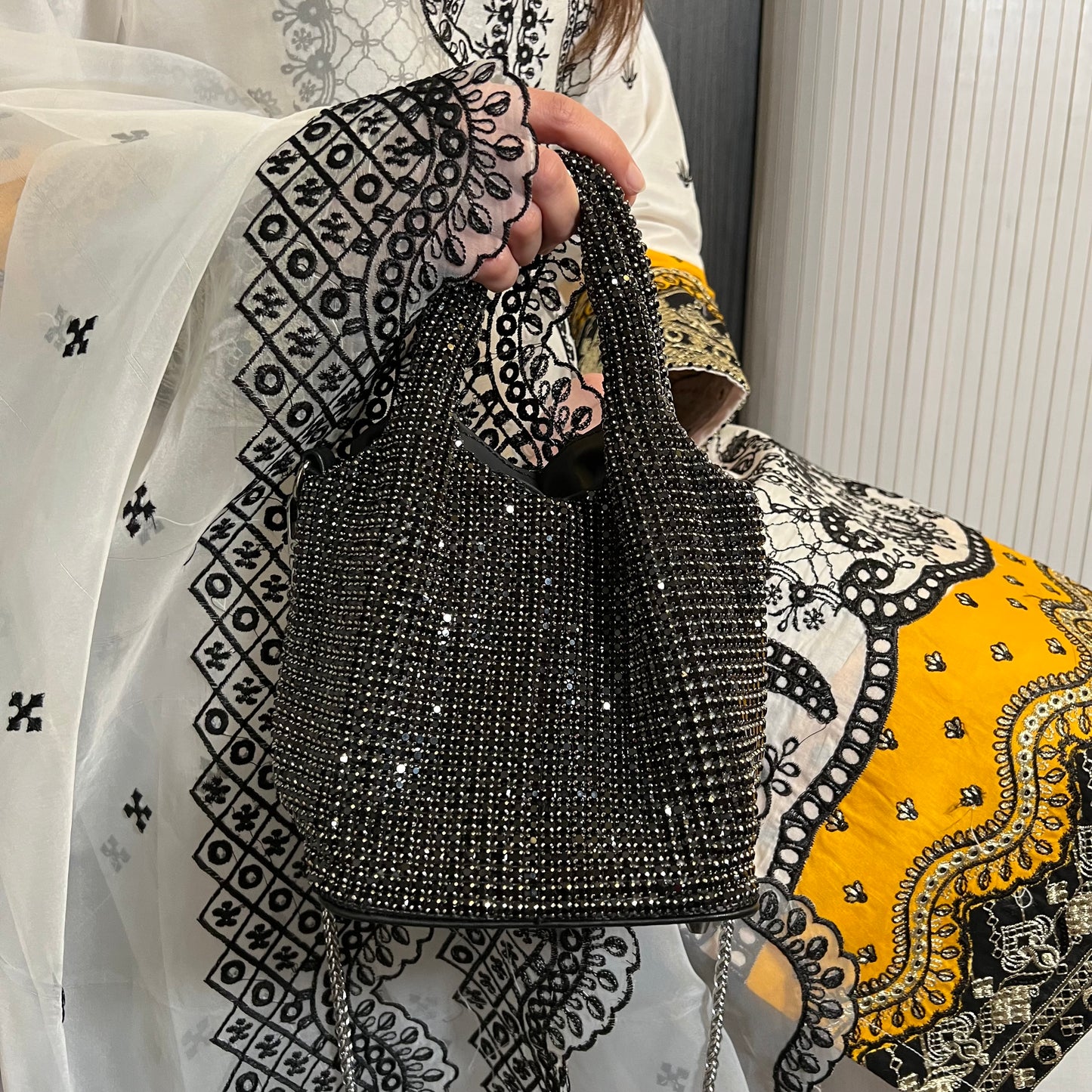 Black Diamante Grab Sack Bag