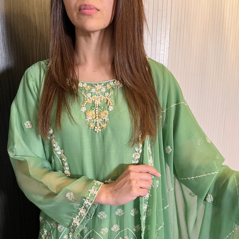 Agha Noor Green Embroidered Chiffon Frock Suit