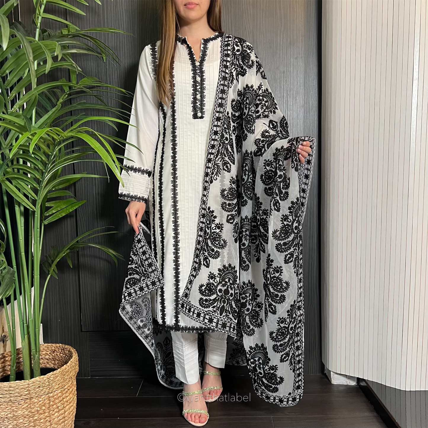 Karina White Black Lace Trim Linen Organza Dupatta Suit
