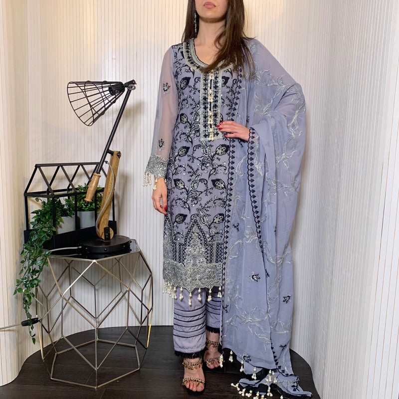 Maryams Inspired Ice Grey Heavily Embroidered Chiffon Suit