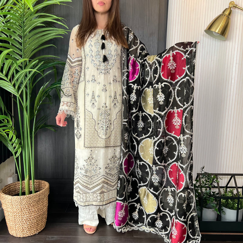 Anaya Inspired Ivory Black Heavily Embroidered Chiffon Suit