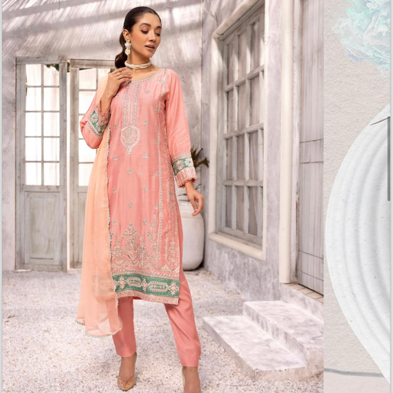 Simrans Afroze Peach Embroidered Viscose Piece Suit