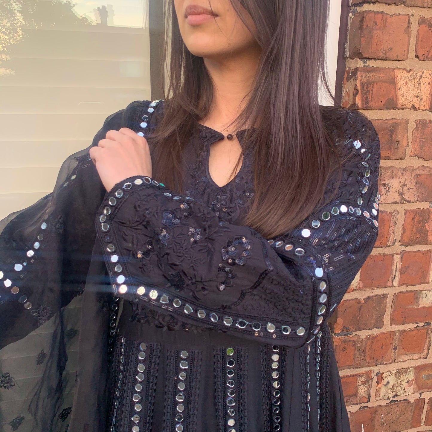 Karma Original Black Heavy Mirror Embroidered Maxi Dress Suit