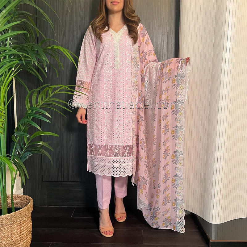 Baby Pink White Embroidered Chickankari Suit