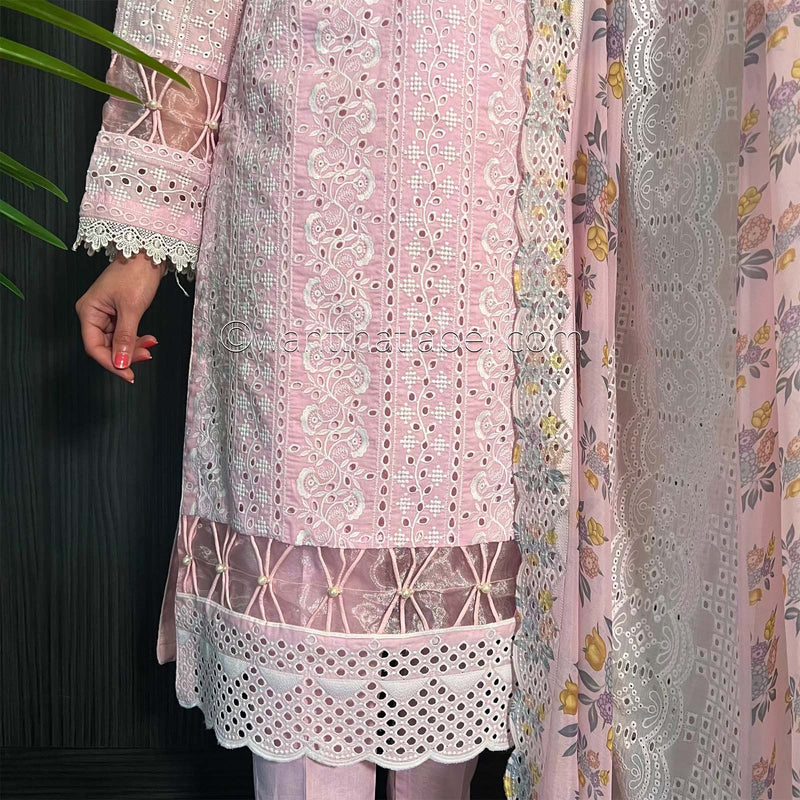 Baby Pink White Embroidered Chickankari Suit
