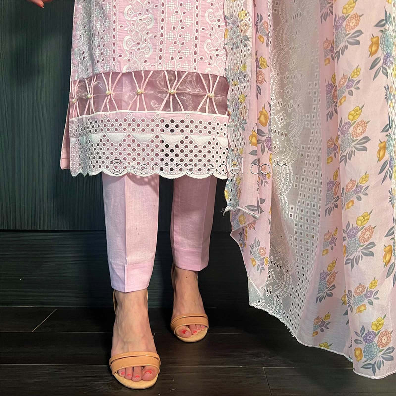 Baby Pink White Embroidered Chickankari Suit