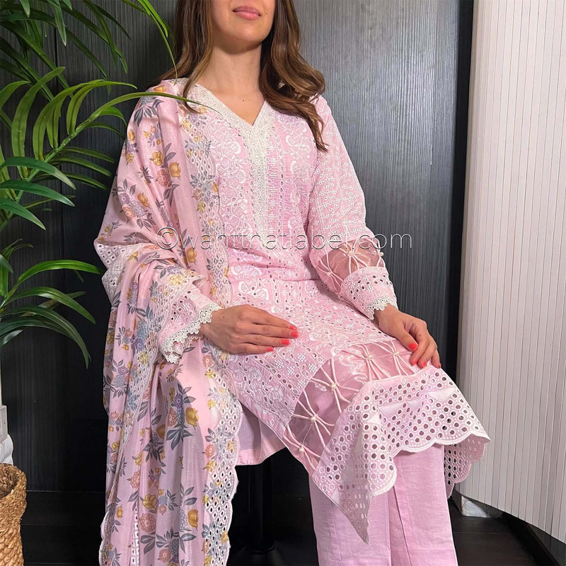 Baby Pink White Embroidered Chickankari Suit