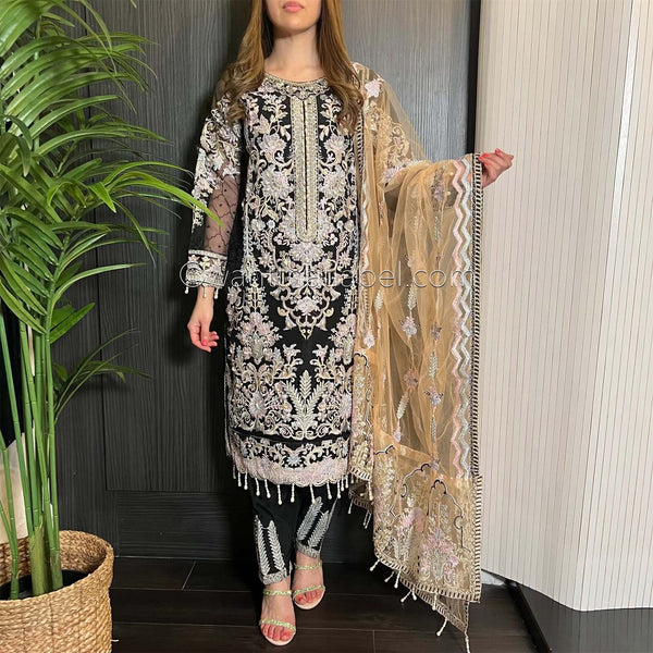 Black Heavily Embroidered Handwork Net Suit