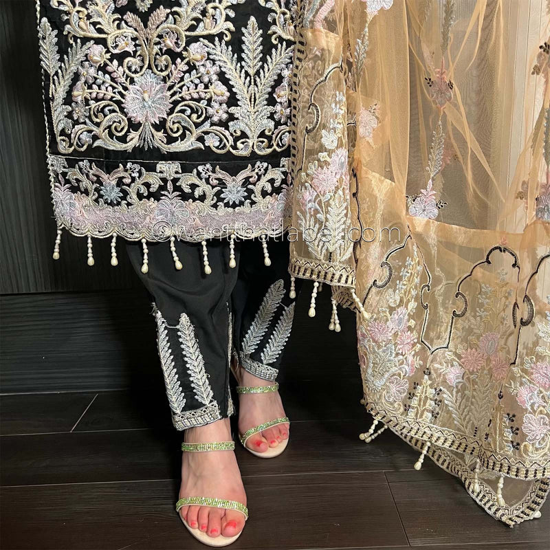 Black Heavily Embroidered Handwork Net Suit