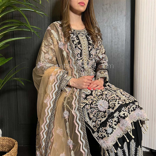 Black Heavily Embroidered Handwork Net Suit