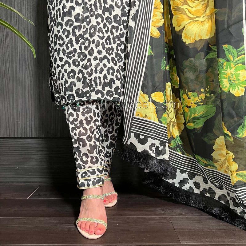 Black Leopard Cotton Khadi Net Suit