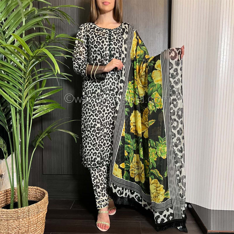 Black Leopard Cotton Khadi Net Suit