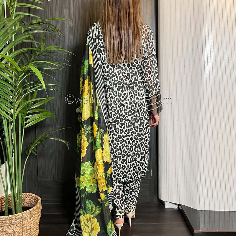 Black Leopard Cotton Khadi Net Suit