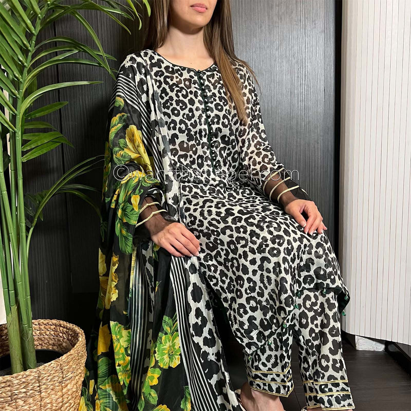 Black Leopard Cotton Khadi Net Suit