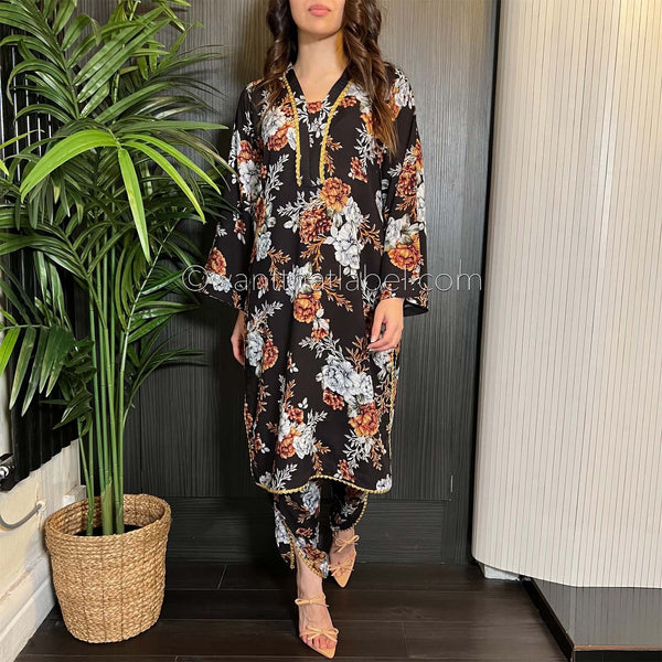 Black Mixed Floral Linen 2 Piece Co-Ord Set