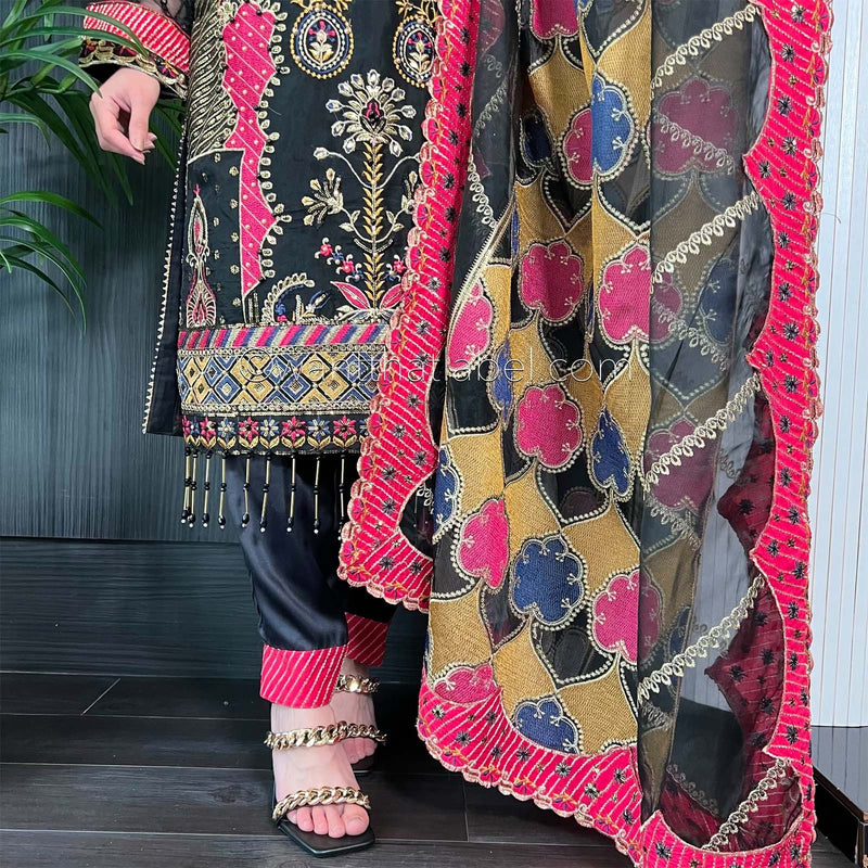 Black Pink Heavily Embroidered Net Suit
